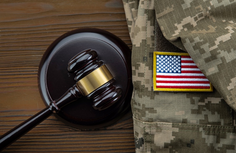 Military law and legal system concept with court gavel